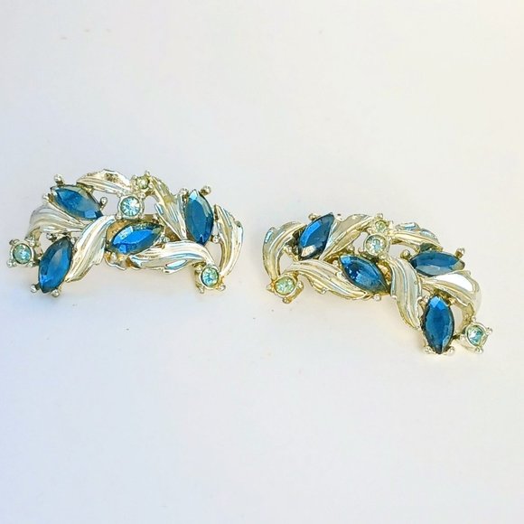 Blue Swirl Marquise Earrings Silver Tone Rhinestone Clip On - Picture 4 of 6